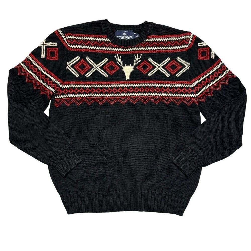 American Living Men's Nordic Deer 100% Cotton Blue White Red Sweater Size Medium